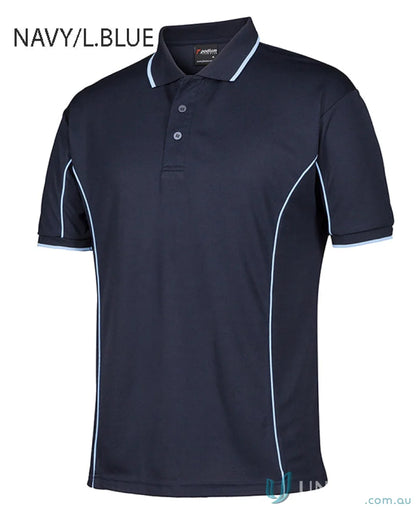 Navy and light blue JBs Podium Piping Polo shirt with podium cooling fabric