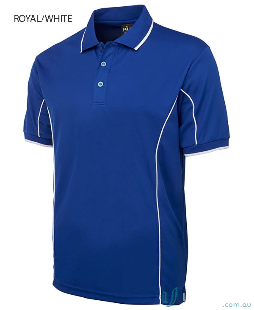JB’s Podium Piping Polo in blue with white trim, made from podium cooling fabric