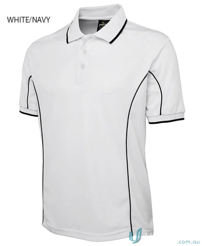 White JB’s Podium Piping Polo with navy trim and podium cooling fabric short sleeve