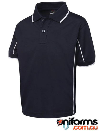 Cute navy kids podium piping polo made with JB’s Kids Podium cool™ fabric