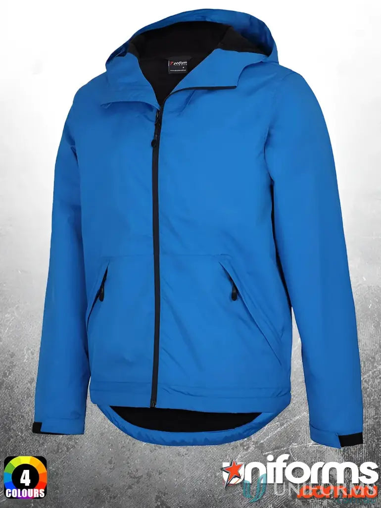 Blue hooded jacket.