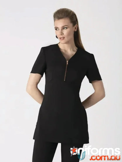 Black uniform tunic with zipper made from Novaro Bi-Stretch Fabric, B041 Polished Rose Gold zip