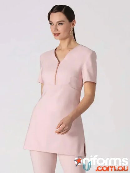 Pink uniform tunic made from Novaro bi-stretch fabric, part of b041 Polished Rose Gold Zip Tunic collection
