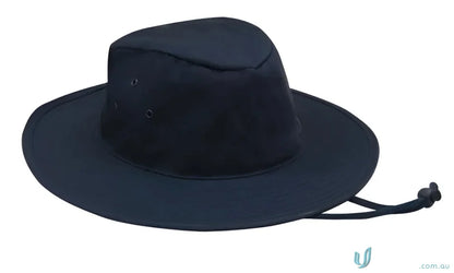 Navy blue sun hat made of poly cotton, great for uniforms or workwear, faq link included