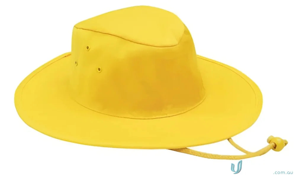 Yellow sun hat with chin strap for uniforms or workwear, check our faq link