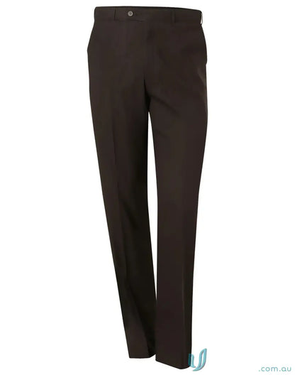 Men’s dark brown pleated dress pants with flexi waist for workwear and uniforms