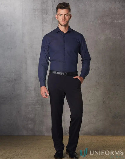 Men’s navy blue long-sleeved dress shirt with black trousers featuring flexi waist workwear style