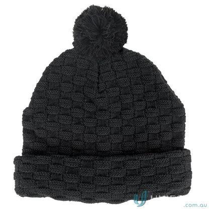 Black knit pom pom beanie with double layer knit, perfect for your winter look