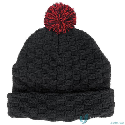 Black knit pom pom beanie with red pompom from the Double Layer Knit collection