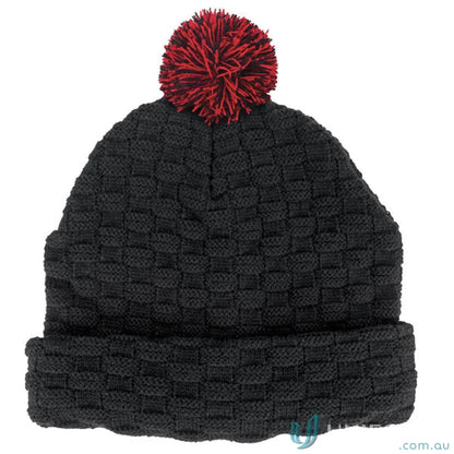 Black knit pom pom beanie with red pompom from the Double Layer Knit collection
