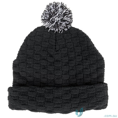 Black knit pom pom beanie with double layer knit style on marketing info sheet