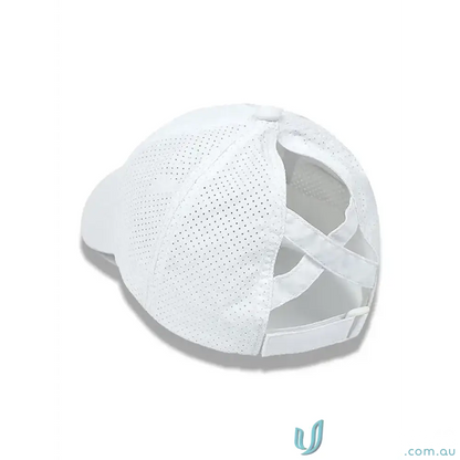 White Ponytail Active Cap with unique ponytail opening and inbuilt cotton sweatband