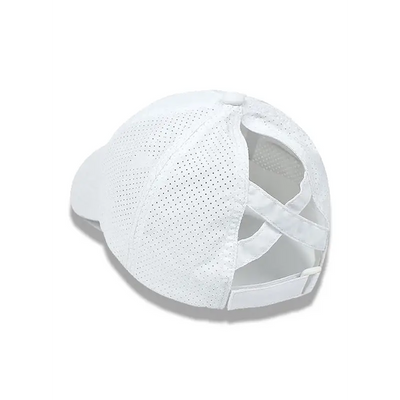 White mesh ponytail active cap with adjustable strap and visor perfect for work uniforms and casual workwear