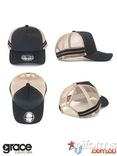 Black and tan trucker hat from Ponytail Cap, perfect for workwear or uniforms