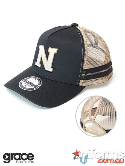 Black and tan Ponytail Cap with N logo, perfect for work uniforms and workwear