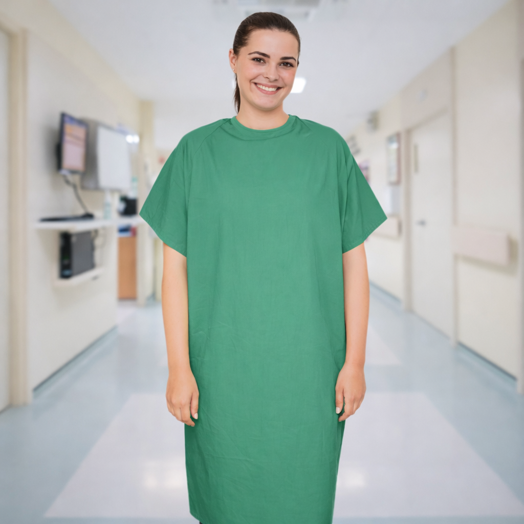 Green short-sleeve Poplin Patient Gown with rounded neckline