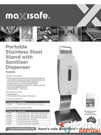 Portable stainless steel sanitiser dispenser unit with stand for easy hygiene on the go