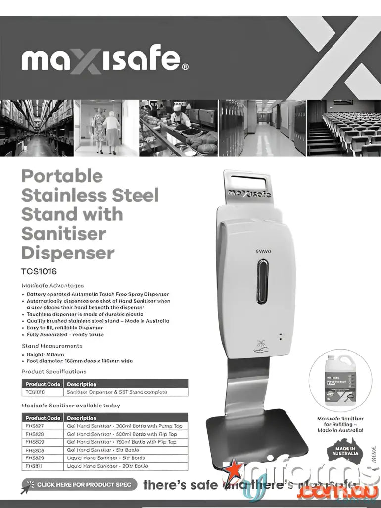 Portable stainless steel sanitiser dispenser unit with stand for easy hygiene on the go