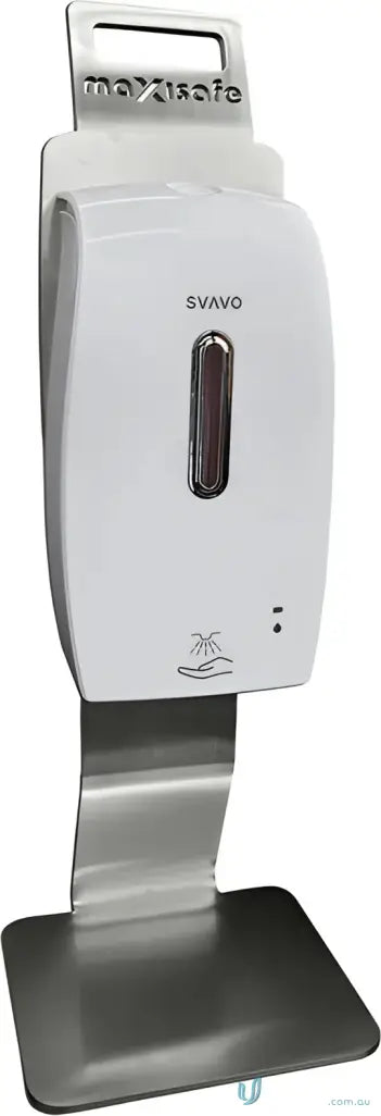 Portable stainless steel sanitizer dispenser on stand with maxisafe code for touchless use