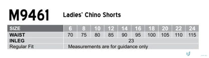 Ladies Chino Shorts size chart showing porters ladies chino shorts fit info
