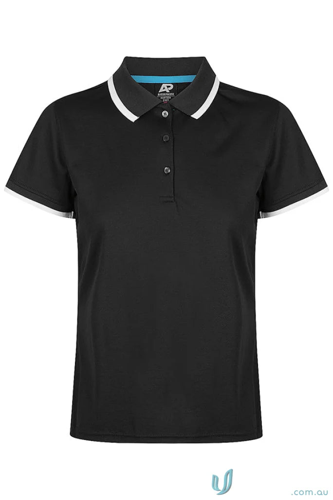 Portsea Lady Polo shirt in black with white trim, made of soft cotton splits