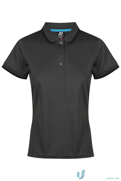 Portsea Lady Polos dark grey cotton short-sleeved polo with splits and black collar