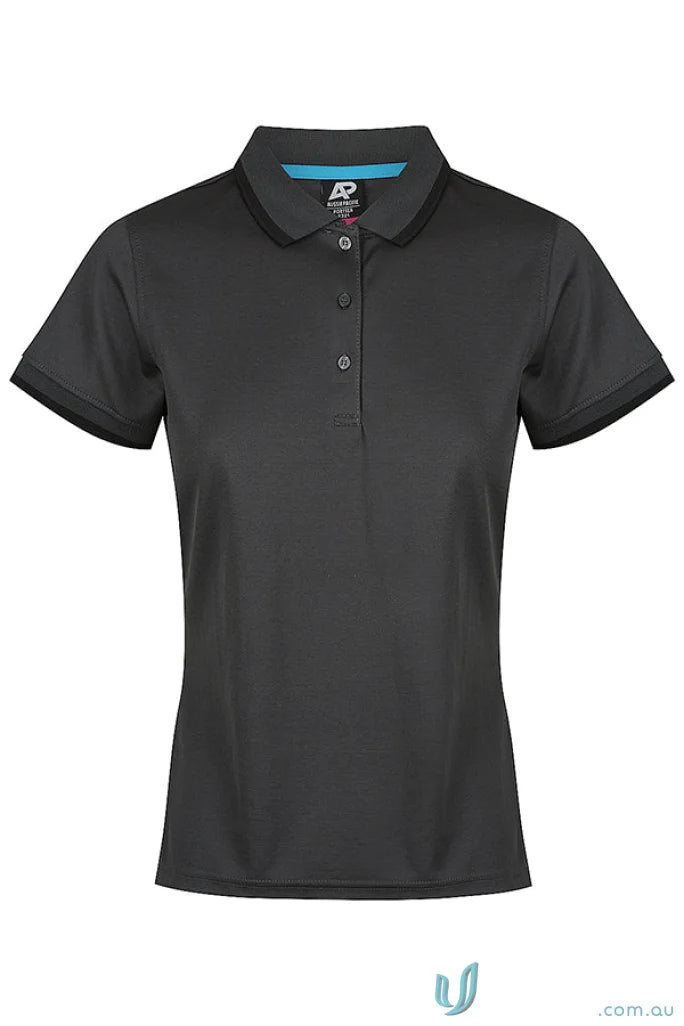 Portsea Lady Polos dark grey cotton short-sleeved polo with splits and black collar