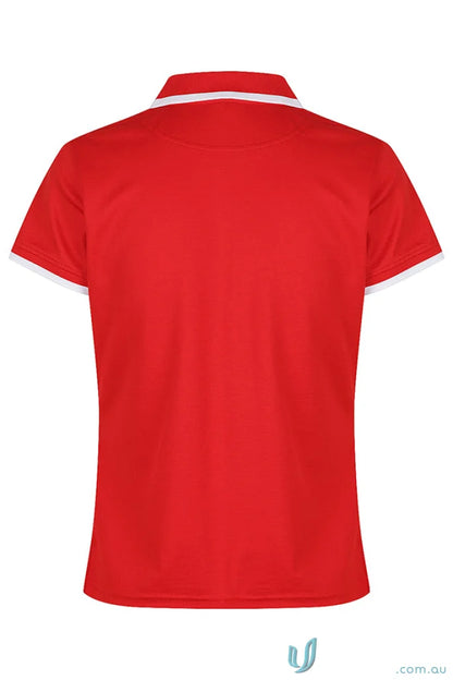 Red cotton Portsea Lady Polo with white trim and stylish splits on sleeves