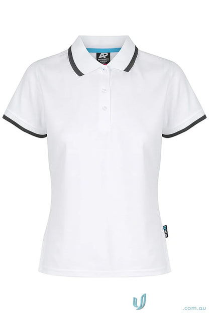 White Portsea Lady Polo shirt with cotton fabric and dark grey splits on collar and sleeves