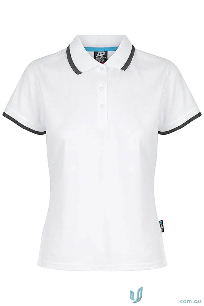 White Portsea Lady Polo shirt with cotton fabric and dark grey splits on collar and sleeves