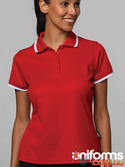 Portsea Lady Polo in cotton with splits, red short-sleeve polo shirt with white trim