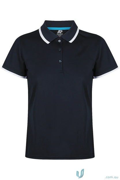 Portsea Lady Polos navy blue cotton polo shirt with white trim and splits