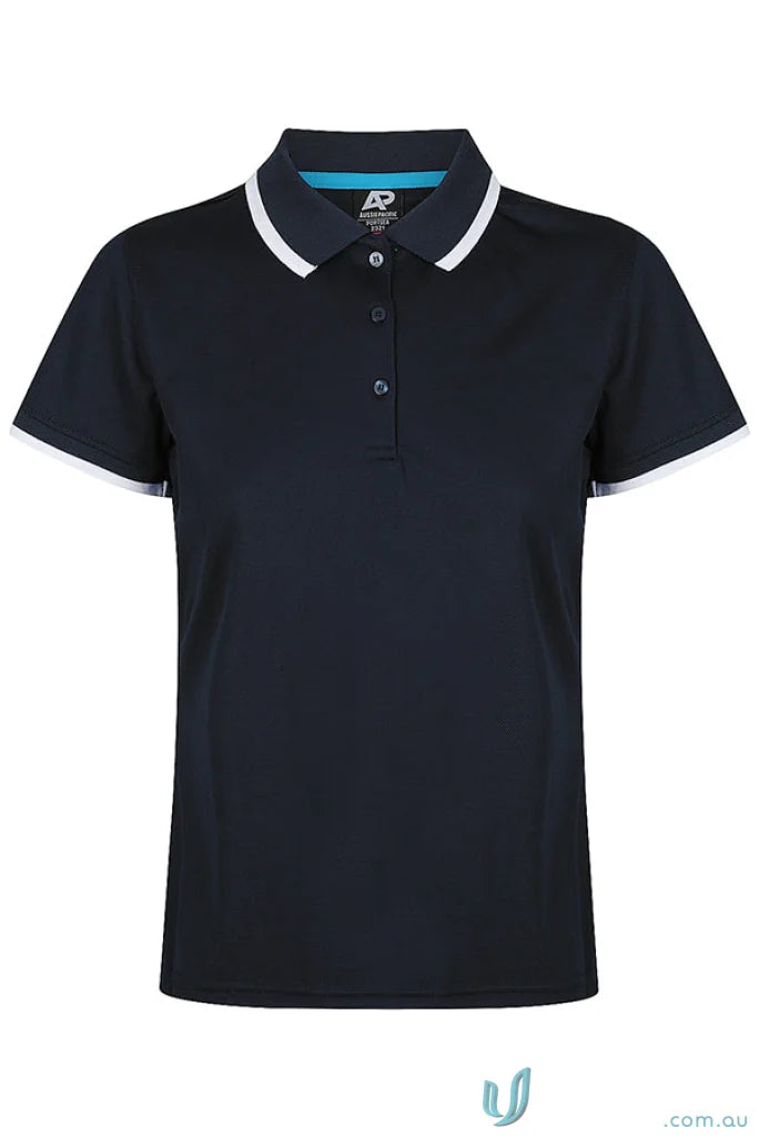 Portsea Lady Polos navy blue cotton polo shirt with white trim and splits