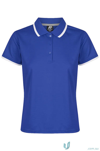 Portsea Lady Polos royal blue cotton short-sleeved polo with white trim splits