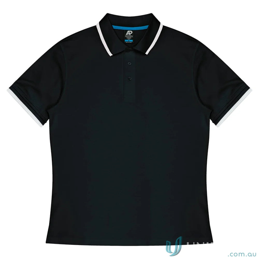 Black cotton polo shirt with white trim from Portsea Mens Polos showing fabric details