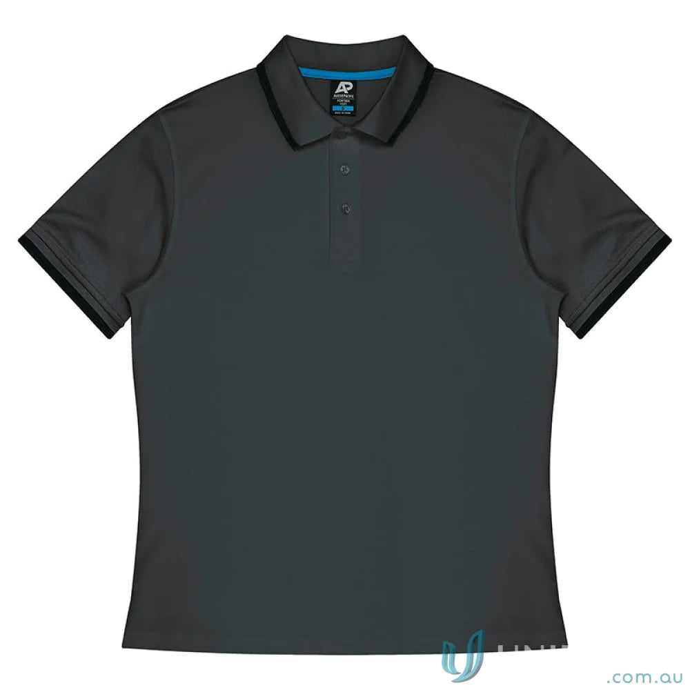 Gray cotton polo shirt with black trim from Portsea Mens Polos, perfect fabric splits