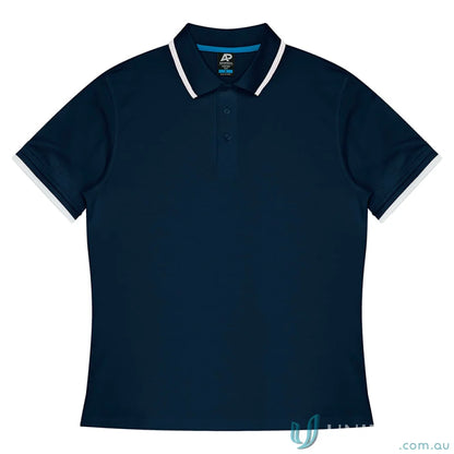 Navy cotton polo shirt with white trim from Portsea Mens Polos showing fabric splits