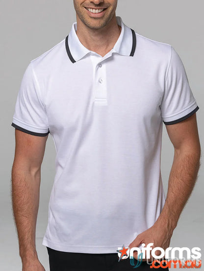 White cotton polo shirt with black trim from Portsea Mens Polos, showcasing quality fabric splits