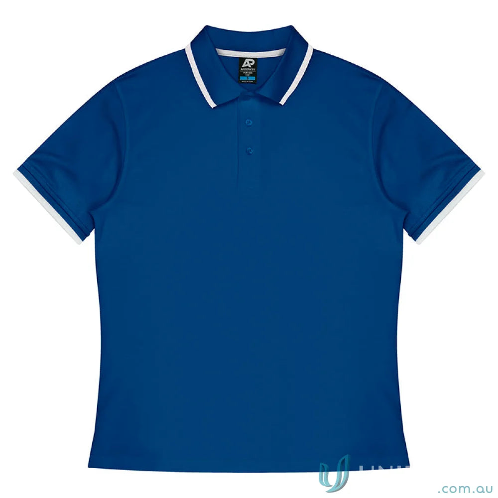 Blue cotton polo shirt with white trim from Portsea Mens Polos fabric splits