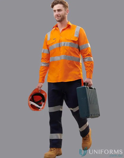 Man in orange high-vis work shirt with reflective stripes, holding a hard hat and toolbox