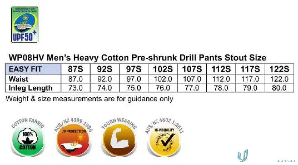 Sizing chart for men’s built tough pre-shrunk drill pants with measurements