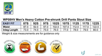 Sizing chart for men’s built tough pre-shrunk drill pants with measurements