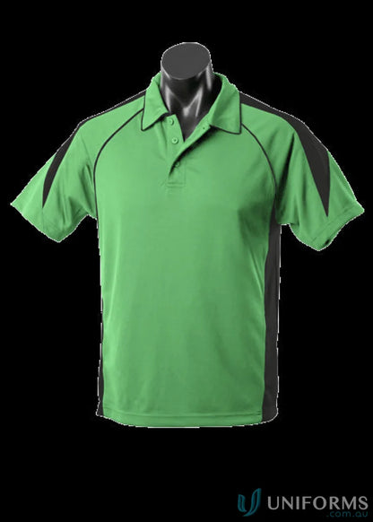 Green and black fabric polo shirt from Premier Polo, perfect for uniforms and workwear