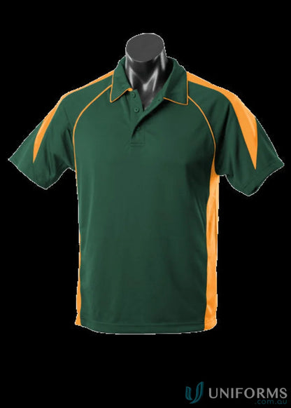 Green and gold fabric polo shirt on mannequin for Premier Polo workwear uniform