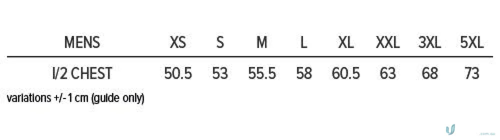 Men’s clothing size chart for Premier Polo workwear and uniforms with fabric details