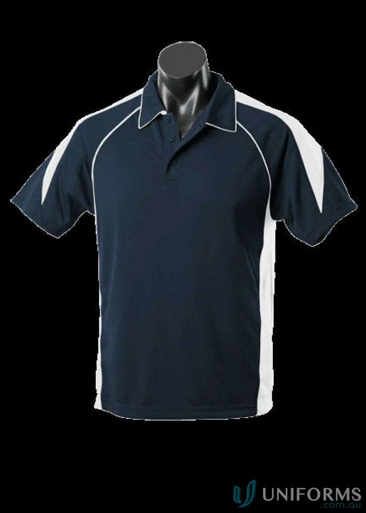 Navy and white fabric polo shirt from Premier Polo, perfect for uniforms or workwear