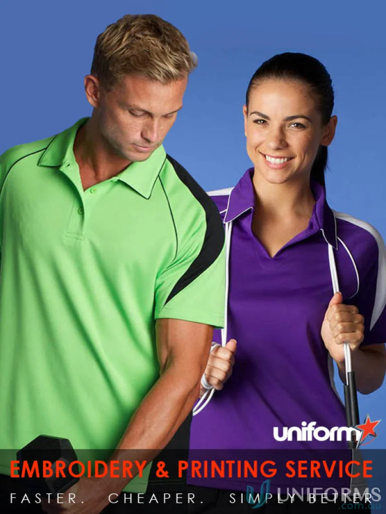 Two people showing off Premier Polo workwear in comfortable fabric and stylish uniforms