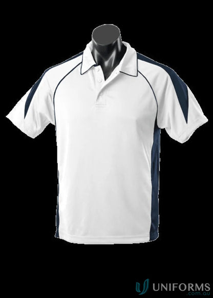 White and navy blue Premier Polo shirt made for uniforms and workwear, with comfy fabric