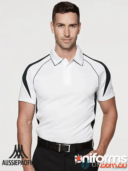 White Premier Polo shirt with black accents, perfect for uniforms and workwear