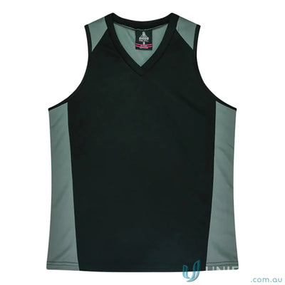 Black and gray sleeveless Premier Singlet with comfortable fabric neck bind for workouts